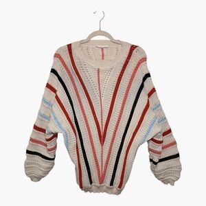 Red Pink Blue Striped Knit Sweater Cozy Retro Preppy Oversized Medium